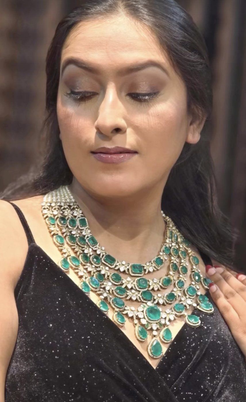 Model wearing Shiva Silver Emerald Grand Set