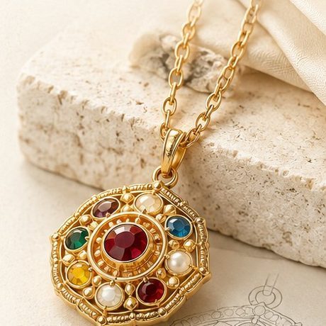 Detail of the Contemporary Navratna Pendant on chain