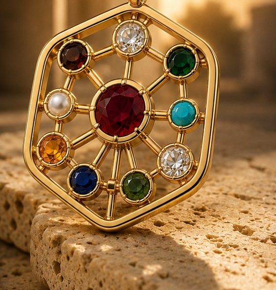 Contemporary Navratna Pendant in 18K gold plating with nine natural gemstones