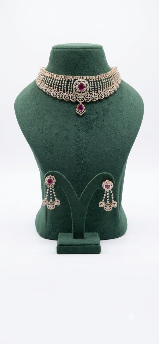 Rose gold choker set with ruby-red stones and matching drop earrings